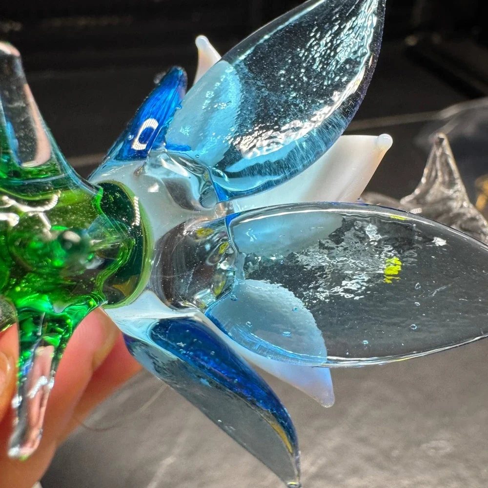 Hand‎ Blown Glass Hummingbird Flower Ornament Suncatcher Blue Green Clear 3